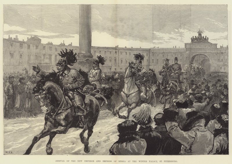 Ankomst av den nya kejsaren och kejsarinnan av Ryssland till Vinterpalatset, St Petersburg av William Heysham Overend