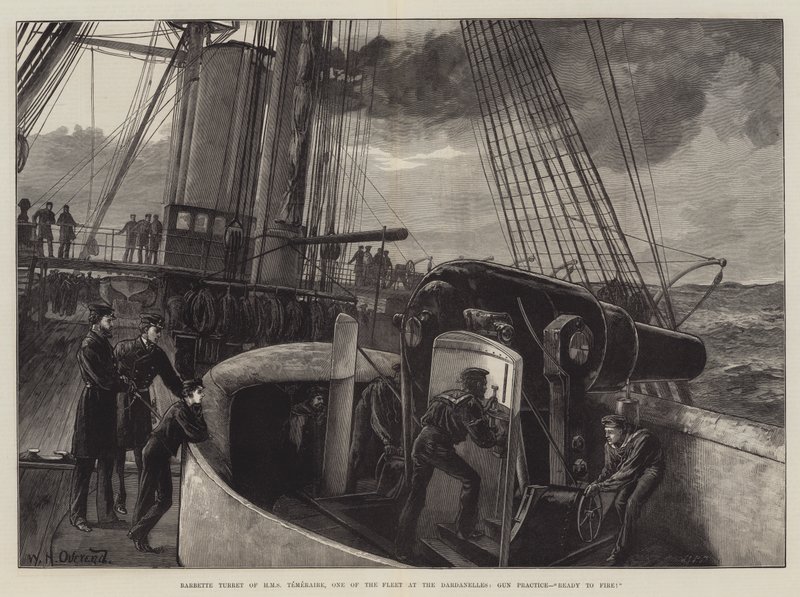 Barbette Turret från HMS Temeraire, en av flottan vid Dardanellerna, vapenövning, redo att skjuta! av William Heysham Overend
