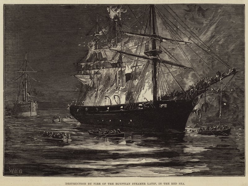 Förstörelse genom eld av den egyptiska ångbåten Latif, i Röda havet av William Heysham Overend