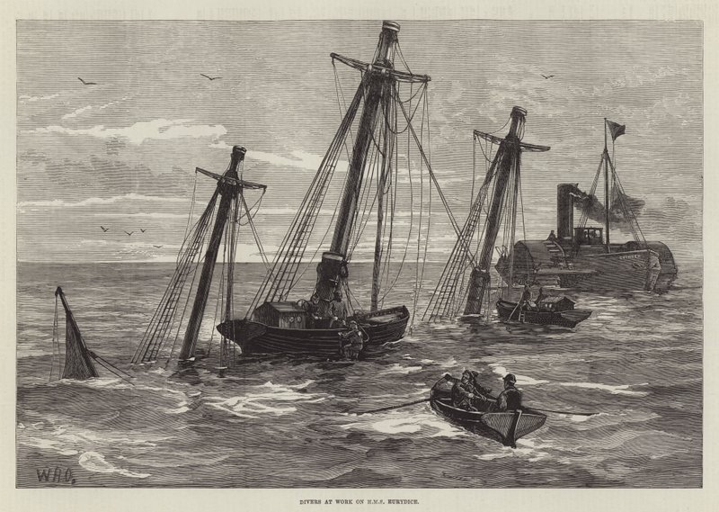 Dykare i arbete på HMS Eurydice av William Heysham Overend
