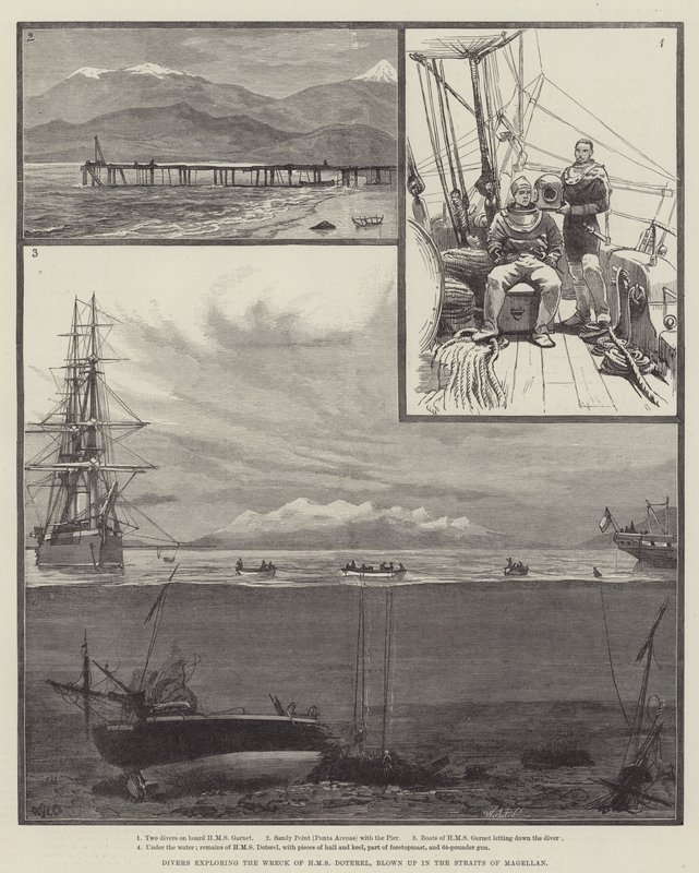 Dykare utforskar vraket av HMS Doterel, som sprängdes i Magellansundet. av William Heysham Overend