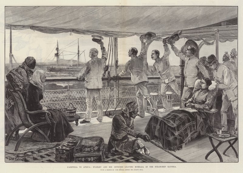 Farväl till Afrika, Stanley och hans officerare lämnar Mombasa i Steam-Ship Katoria av William Heysham Overend