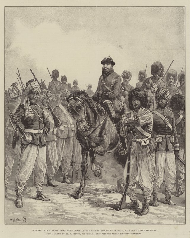 General Ghous-ud-din Khan, befälhavare för de afghanska trupperna i Penjdeh, med sina afghanska soldater. av William Heysham Overend