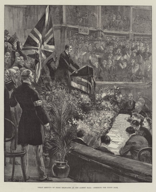 Stort möte för irländska delegater i Albert Hall, som hejar på Union Jack av William Heysham Overend