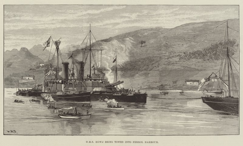 HMS Howe bogseras in i Ferrol Harbor av William Heysham Overend