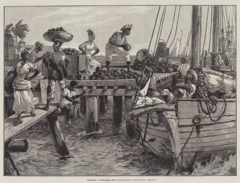 Laddar en Schooner med kakao-nötter i Kingston, Jamaica av William Heysham Overend