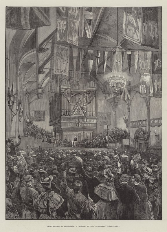 Lord Salisbury talar till ett möte i Guildhall, Londonderry av William Heysham Overend