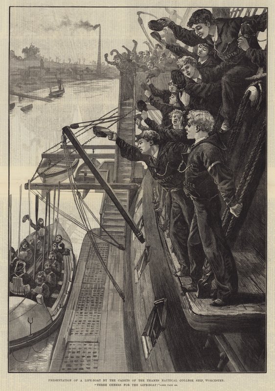 Presentation av en livbåt av kadetterna från Thames Nautical College Ship, Worcester, Three Cheers for the Life-boat! av William Heysham Overend