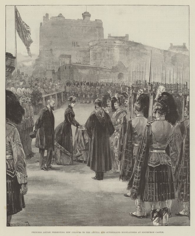 Prinsessan Louise överlämnar nya fanor till Argyll and Sutherland Highlanders vid Edinburgh Castle. av William Heysham Overend