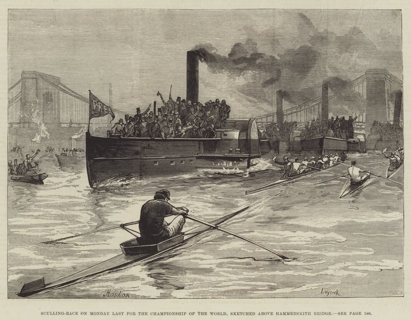 Sculling-race på måndag Sist för World Championship, skissad ovanför Hammersmith Bridge av William Heysham Overend