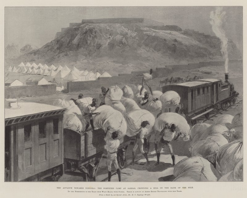 Framryckningen mot Dongola, det befästa lägret i Sarras, som kröner en kulle på Nilens strand. av William Heysham Overend