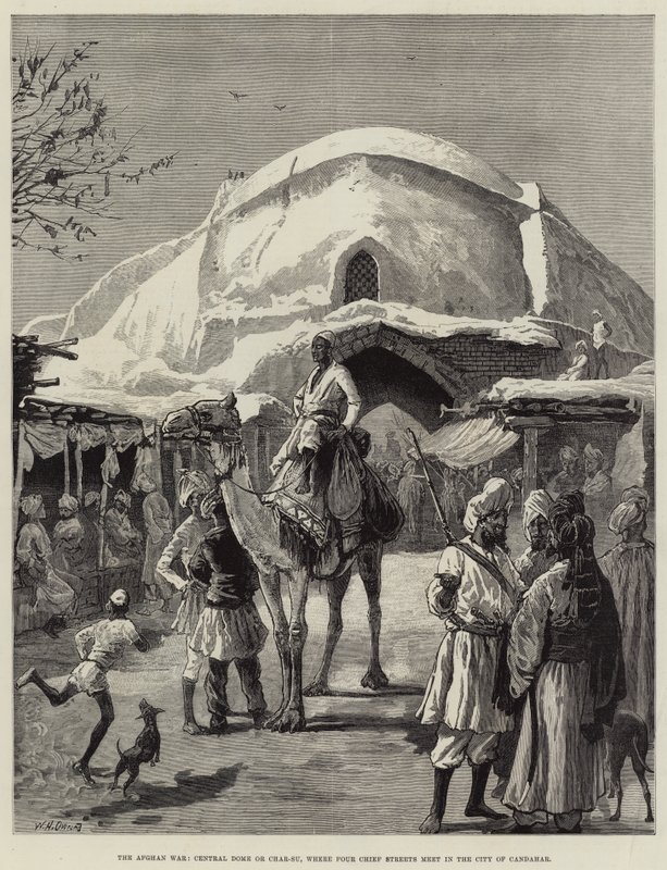 Det afghanska kriget, Central Dome eller Char-Su, där fyra huvudgator möts i staden Candahar. av William Heysham Overend