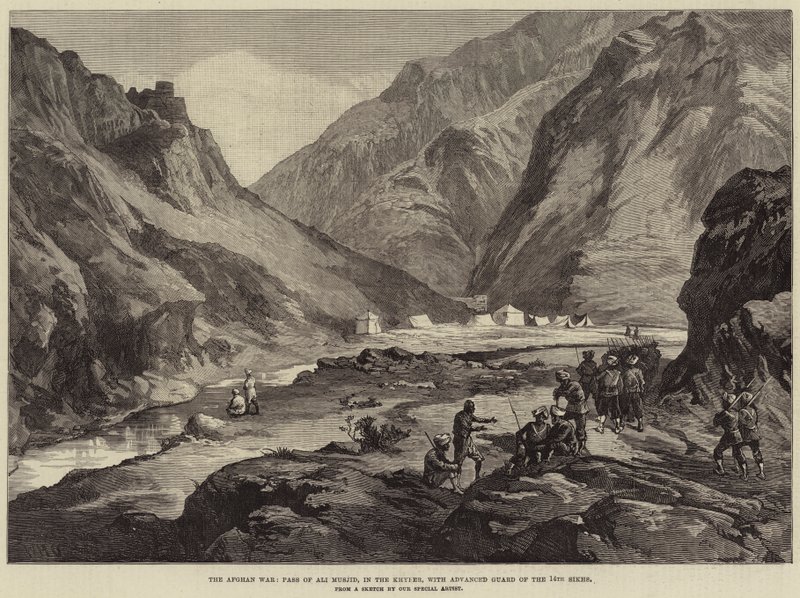 Det afghanska kriget, Ali Musjids pass, i Khyber, med Advanced Guard of the 14th Sikhs av William Heysham Overend