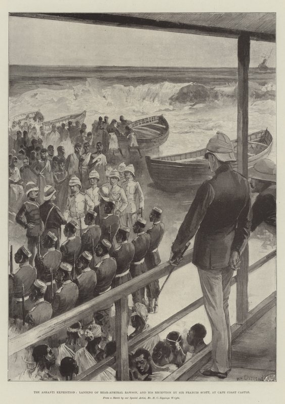 Ashanti-expeditionen, konteramiral Rawsons landstigning och Sir Francis Scotts mottagande av honom vid Cape Coast Castle. av William Heysham Overend