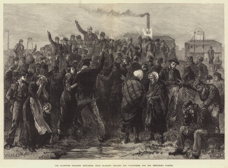 Blantyre Colliery Explosion, nära Glasgow, efterlyser volontärer för de utforskande parterna av William Heysham Overend