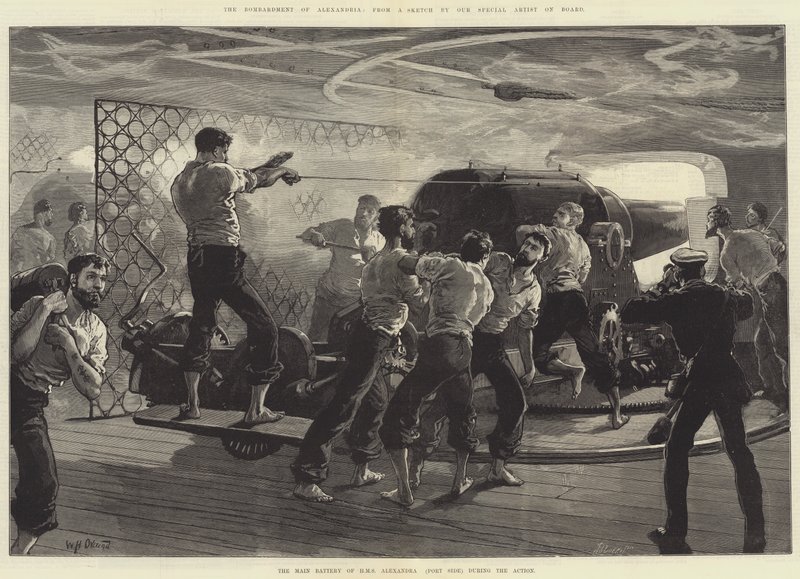 Bombardementet av Alexandria, huvudbatteriet i HMS Alexandra (babordssida) under aktionen av William Heysham Overend