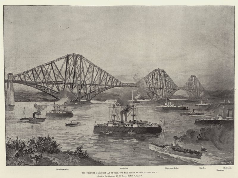 Kanaleskadern för ankar utanför Forth Bridge den 2 september. av William Heysham Overend