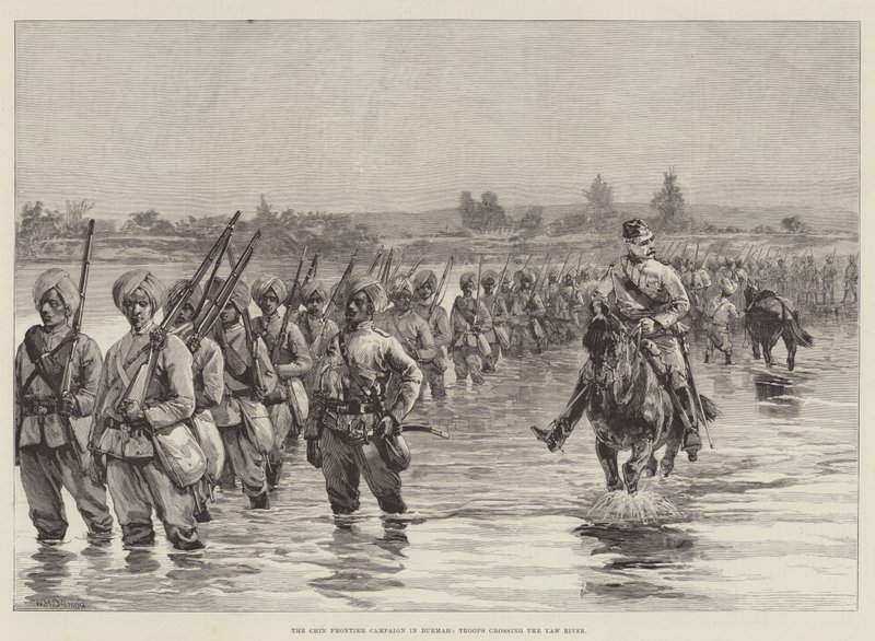 Chin Frontier Campaign i Burmah, trupper korsar Yaw River av William Heysham Overend