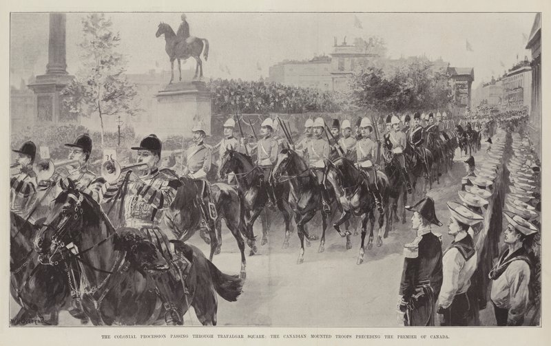 Den koloniala processionen passerar genom Trafalgar Square, de kanadensiska beridna trupperna före Kanadas premiärminister av William Heysham Overend
