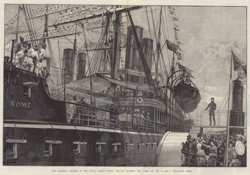 De koloniala besökarna i Royal Albert Docks, Malays som bemannar varvet på P and O Steam-Ship Rome. av William Heysham Overend
