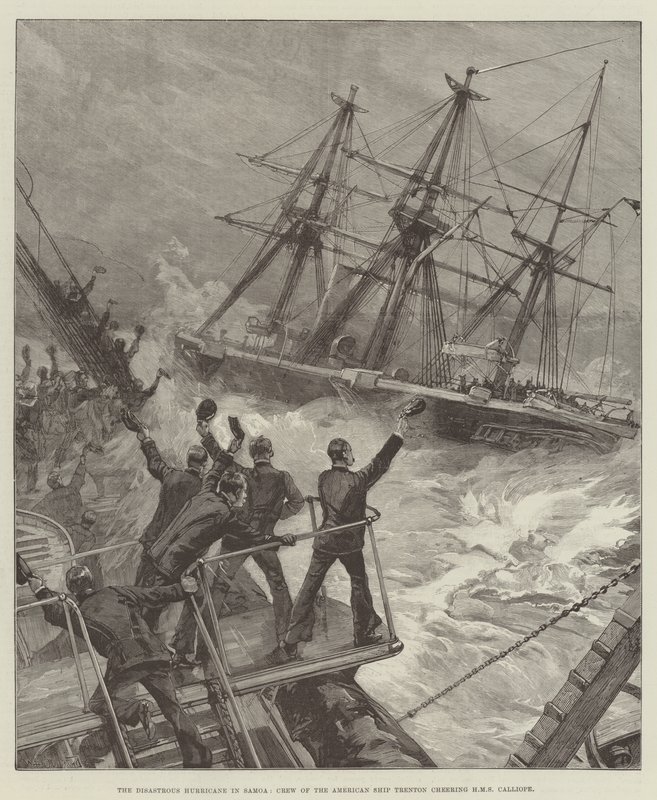 Den katastrofala orkanen i Samoa, besättningen på det amerikanska fartyget Trenton hejar på HMS Calliope av William Heysham Overend