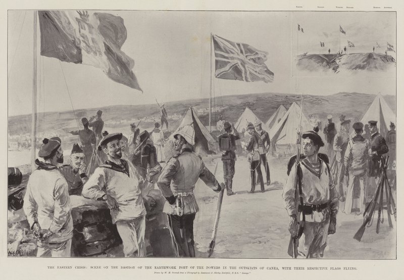 The Eastern Crisis, scen på bastionen av makternas jordarbetsfort i utkanten av Canea, med deras respektive flaggor vajande av William Heysham Overend