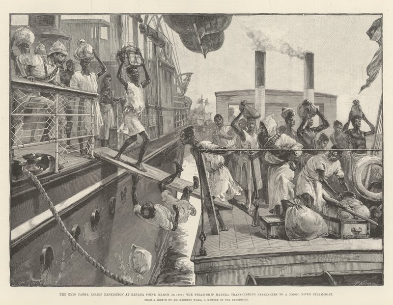 Emin Pashas hjälpexpedition vid Banana Point den 18 mars 1887, ångfartyget Madura förflyttar passagerare till en ångbåt på Kongofloden. av William Heysham Overend