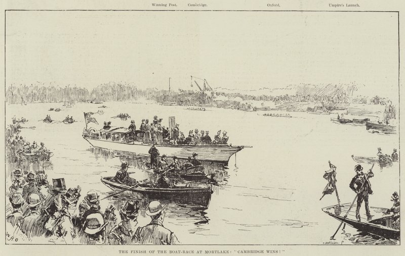 Avslutningen på båtkapplöpningen i Mortlake, Cambridge vinner! av William Heysham Overend