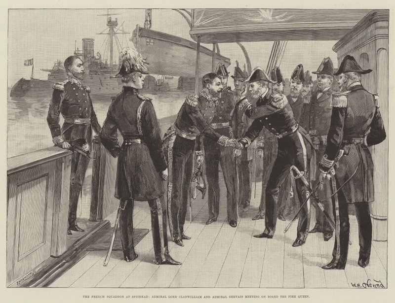 Den franska eskadern vid Spithead, amiral Lord Clanwilliam och amiral Gervais träffas ombord på Fire Queen. av William Heysham Overend
