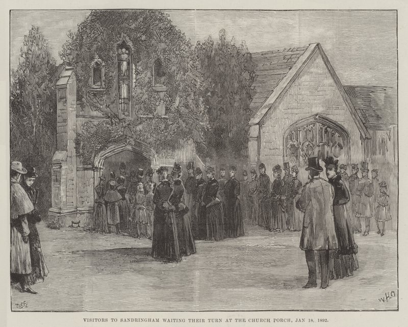 Begravningen av den framlidne hertigen av Clarence och Avondale, besökare i Sandringham som väntar på sin tur vid Church Porch, 18 januari 1892 av William Heysham Overend