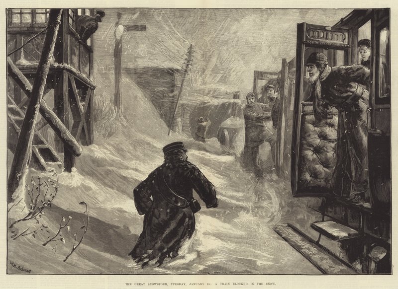 Den stora snöstormen, tisdagen den 18 januari, ett tåg blockerat i snön av William Heysham Overend