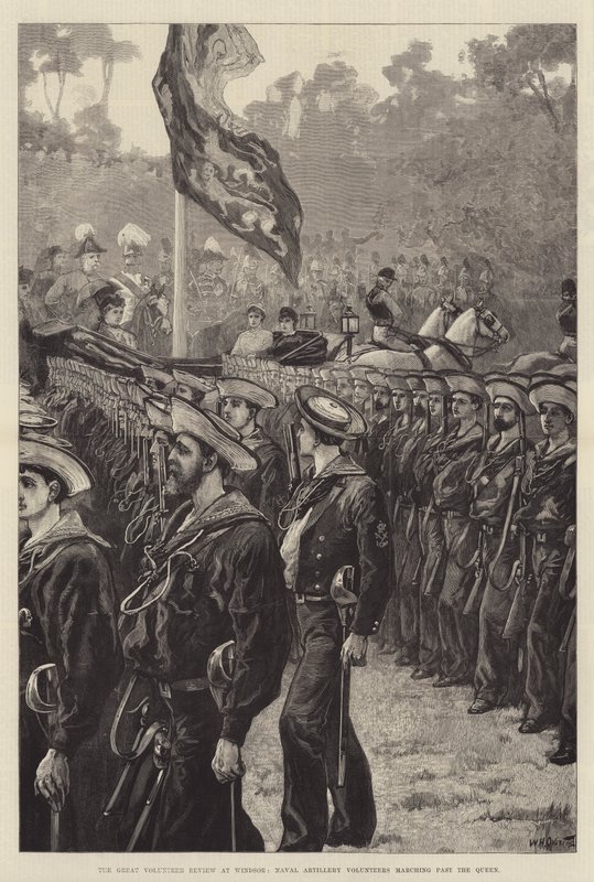 The Great Volunteer Review i Windsor, Naval Artillery Volontärer som marscherar förbi drottningen av William Heysham Overend
