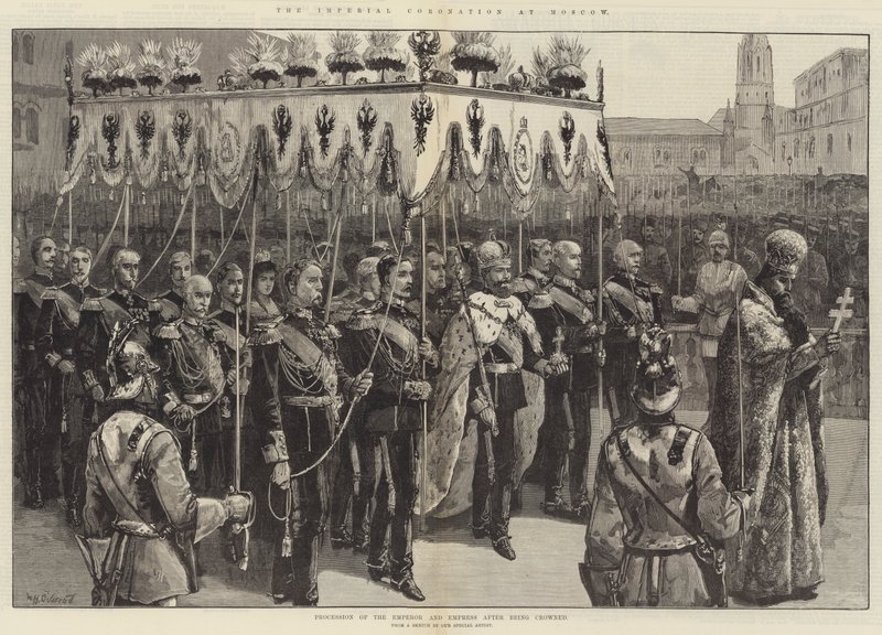 Den kejserliga kröningen i Moskva, procession av kejsaren och kejsarinnan efter att ha krönts av William Heysham Overend