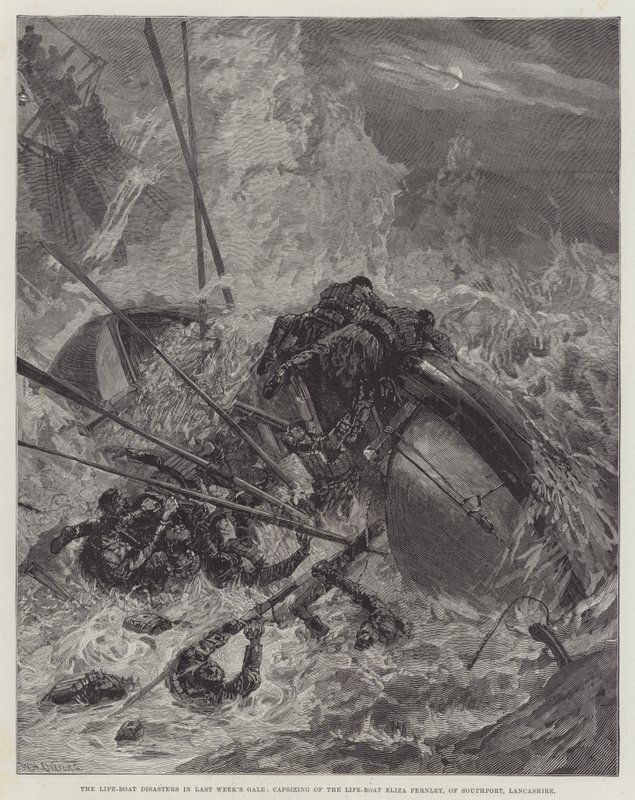 Katastroferna med livbåtar under förra veckans storm, livbåten Eliza Fernley i Southport, Lancashire, kantrade. av William Heysham Overend