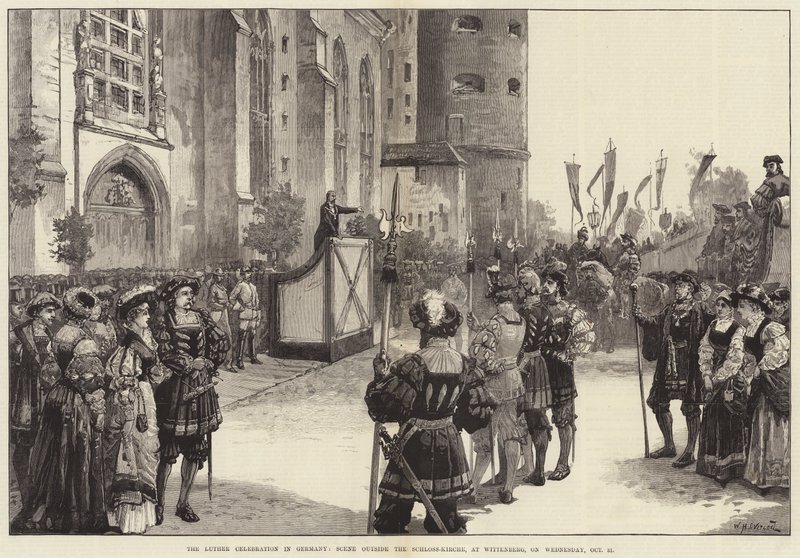 Lutherfirandet i Tyskland, scen utanför Schloss-Kirche, i Wittenberg, onsdagen den 31 oktober av William Heysham Overend