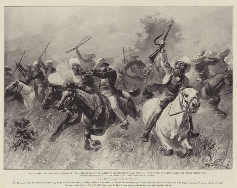 Matabili-upproret, Afrikanernas anfall i slaget vid Colenbrander Farm den 25 april, En naturkontakt gör hela världen till en familj, britter och boer förenas för att försvara sina fruar. av William Heysham Overend