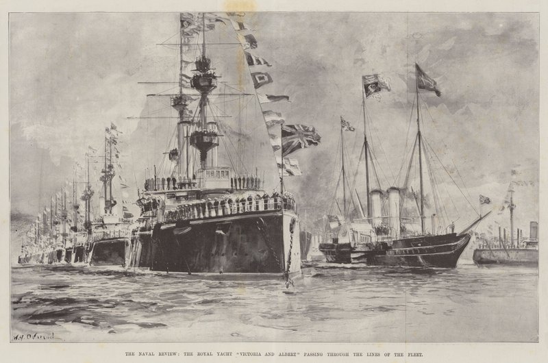 Naval Review, den kungliga båten Victoria och Albert passerar genom flottans linjer. av William Heysham Overend