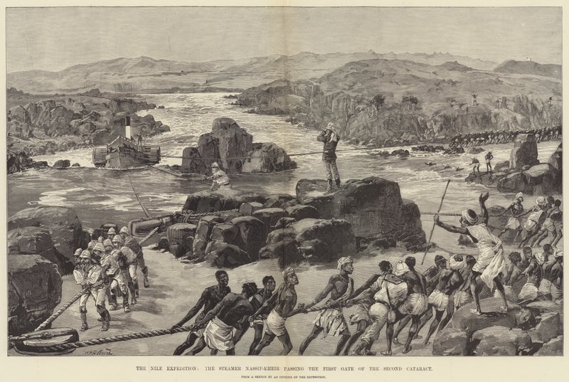 Nil-ekspeditionen, dampskibet Nassif-Kheir passerer den første port til den anden grå stær. av William Heysham Overend