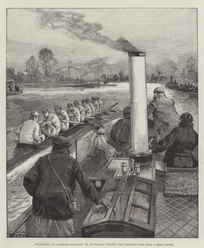 Oxford och Cambridge Boat-Race, Mr Muttlebury coachar Cambridge Crew från en Steam Launch av William Heysham Overend