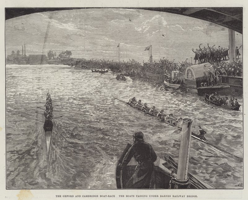 Oxford och Cambridge Boat-Race, båtarna som passerar under Barnes Railway Bridge av William Heysham Overend