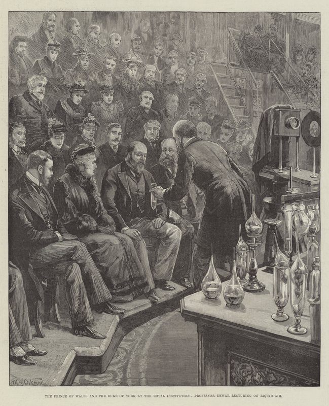 Prinsen av Wales och hertigen av York vid Royal Institution, professor Dewar föreläser om flytande luft. av William Heysham Overend