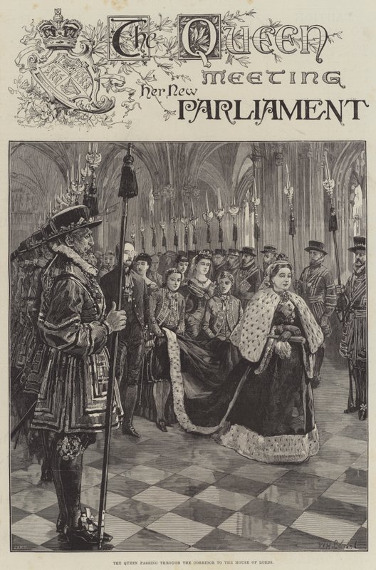 Drottningen möter sitt nya parlament, passerar genom korridoren till House of Lords av William Heysham Overend