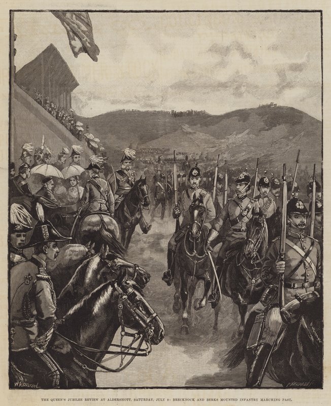 Drottningens jubileumsfest i Aldershott, lördagen den 9 juli, Brecknock and Berks Mounted Infantry marscherar förbi. av William Heysham Overend