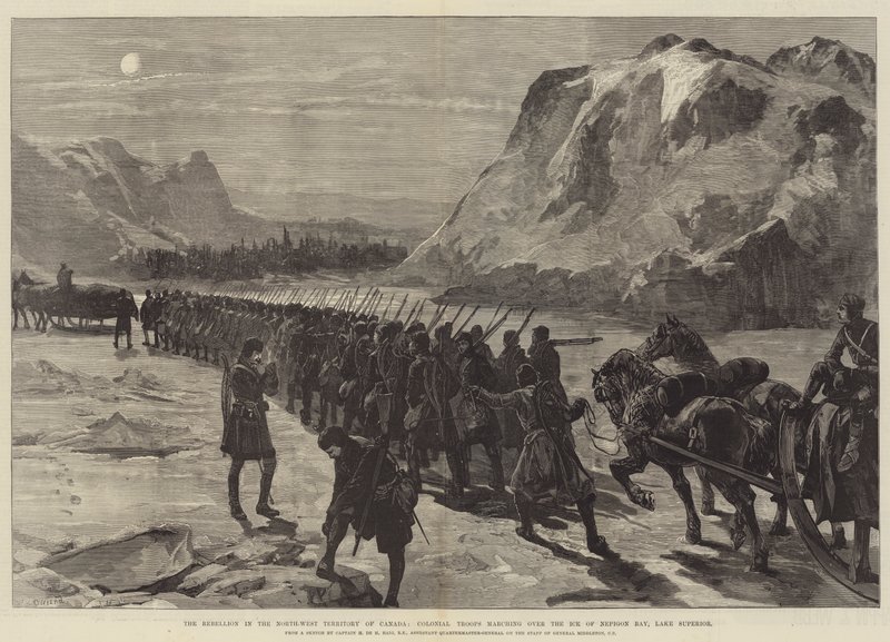 Upproret i Kanadas nordvästra territorium, koloniala trupper marscherar över isen i Nepigon Bay, Lake Superior av William Heysham Overend