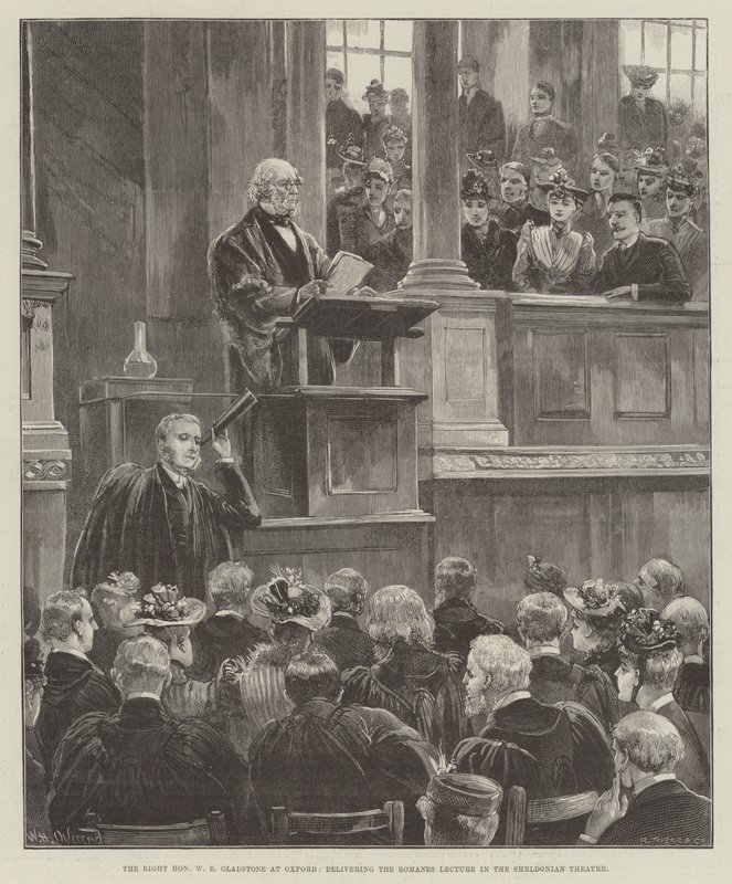 The Right Honorable W E Gladstone i Oxford, håller Romanes-föreläsningen i Sheldonian Theatre av William Heysham Overend