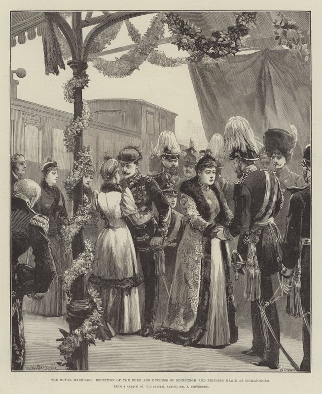 Det kungliga äktenskapet, mottagandet av hertigen och hertiginnan av Edinburgh och prinsessan Marie på Sigmaringen av William Heysham Overend