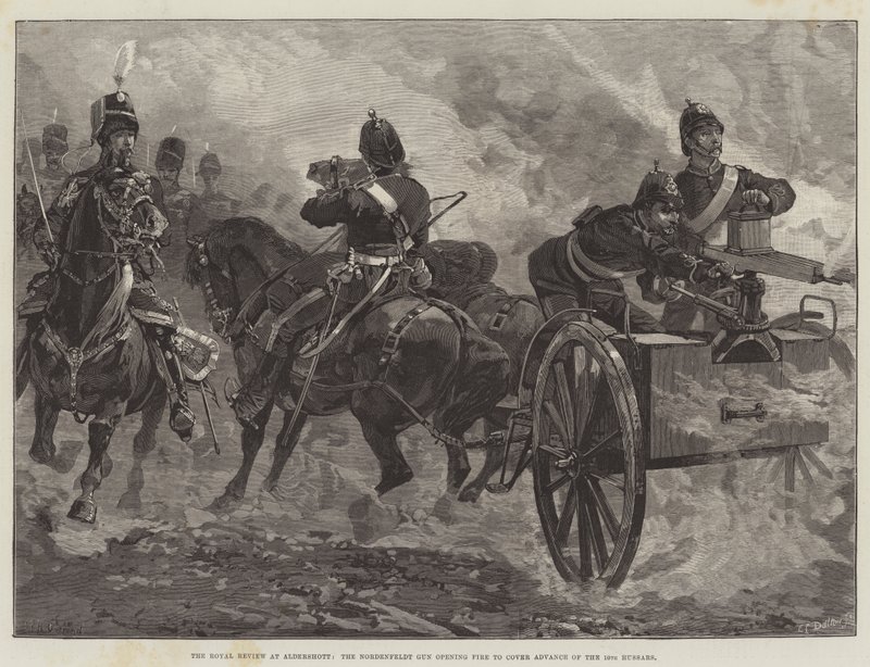 The Royal Review at Aldershot, Nordenfelt Gun öppnar eld för att täcka Advance of the 10th Hussars av William Heysham Overend