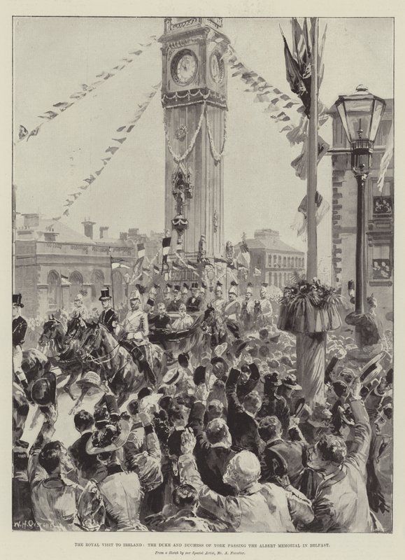 Det kungliga besöket i Irland, hertigen och hertiginnan av York passerade Albert Memorial i Belfast av William Heysham Overend
