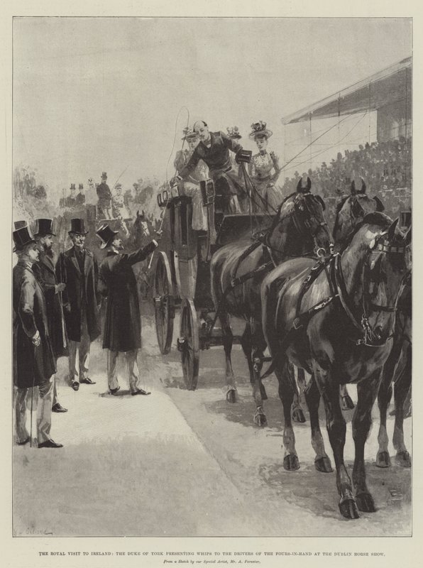 Det kungliga besöket i Irland, hertigen av York som presenterar piskor till förarna av fyrorna i hand på Dublin Horse Show av William Heysham Overend