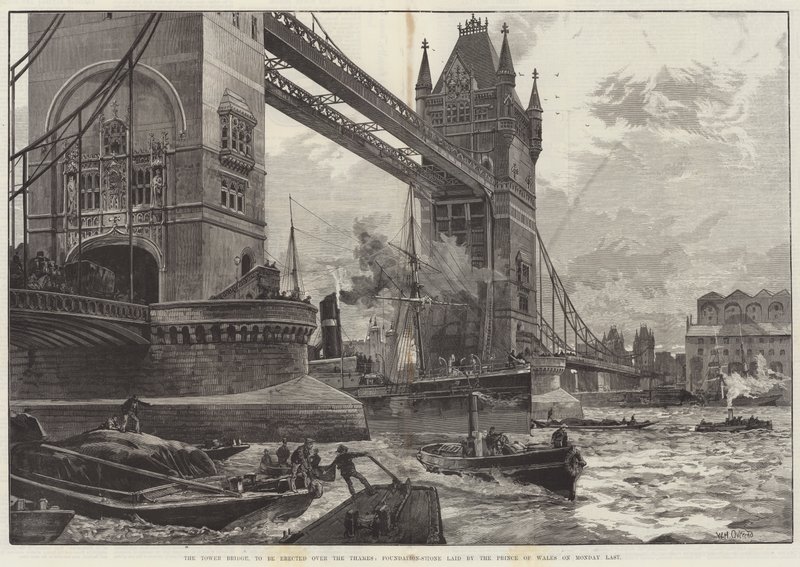 Tower Bridge, som ska resas över Themsen, grundstenen lades av prinsen av Wales på måndagen sist av William Heysham Overend